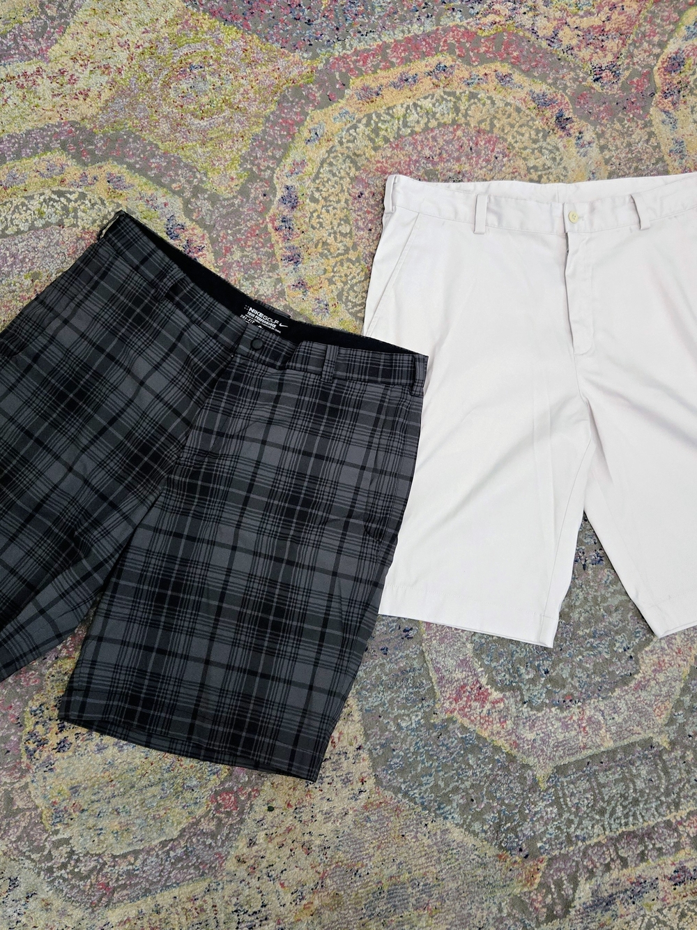 Nike Dri Fit Performance Golf Shorts Mens 34 Gray Plaid Beige Polyester Read